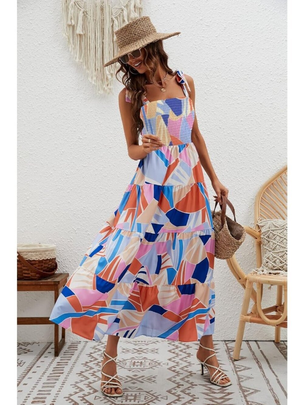 Women's Blue Floral 1 Sleeveless Square Neck Ruffle Flowy Imported Maxi Dress - Picture 4 of 6